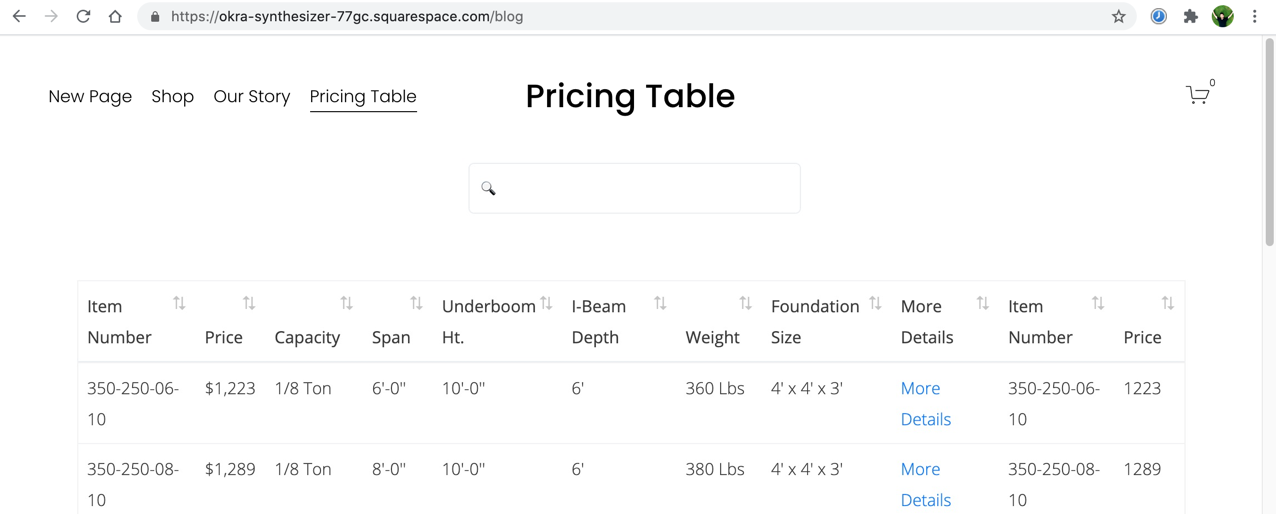 Example of Google Sheet table in Squarespace